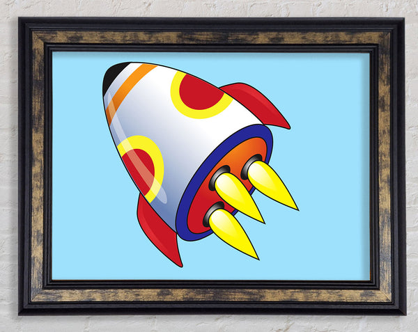 Flying Rocket Ship Baby Blue Framed Print