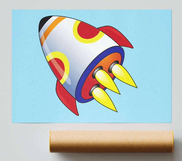 Flying Rocket Ship Baby Blue Giclee Print