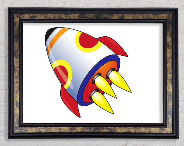 Flying Rocket Ship White Framed Print