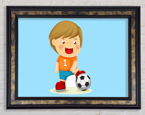 Footballer Standing On Ball Baby Blue Framed Print