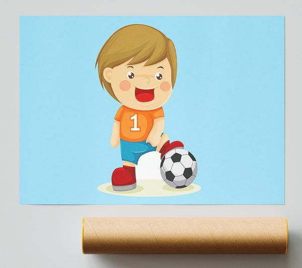 Footballer Standing On Ball Baby Blue Giclee Print