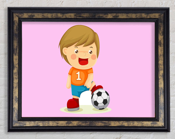 Footballer Standing On Ball Pink Framed Print