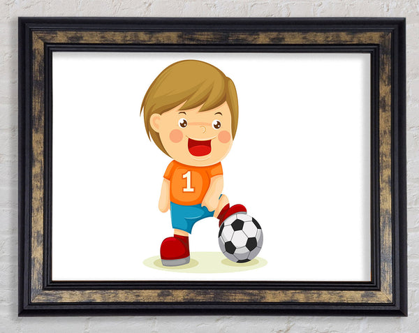Footballer Standing On Ball White Framed Print