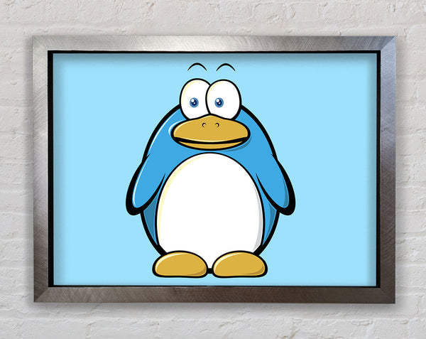 Funny Penquin Standing Baby Blue Framed Print