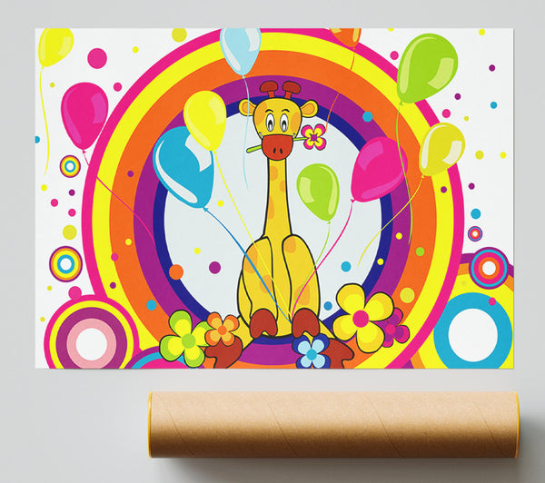 Giraffe Balloon Circles White Print