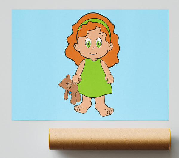Girl With Teddy Bear Baby Blue Poster