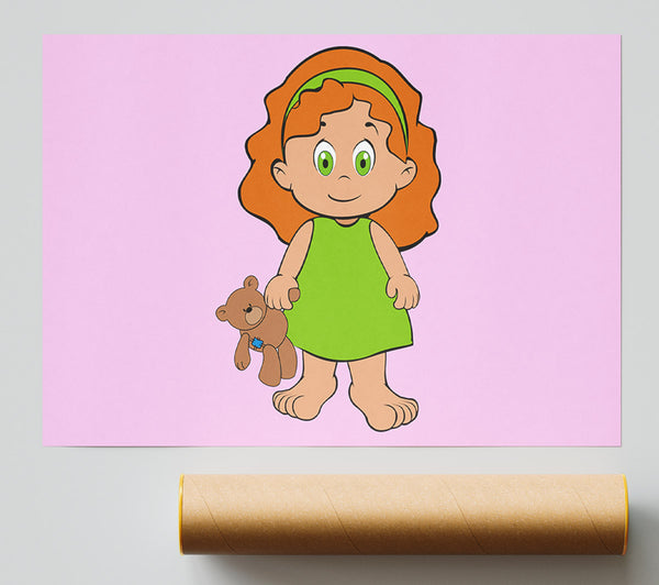 Girl With Teddy Bear Pink Giclee Print