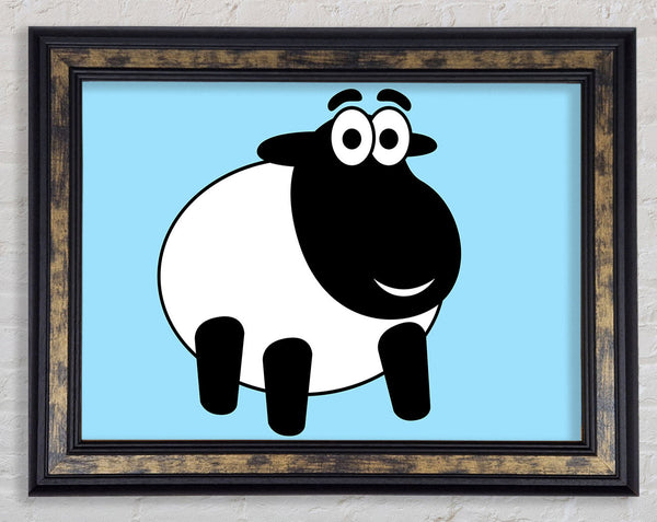 Happy Cartoon Sheep Baby Blue Framed Print