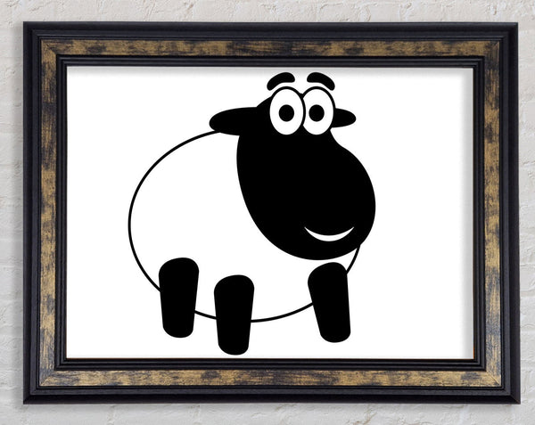 Happy Cartoon Sheep White Framed Print
