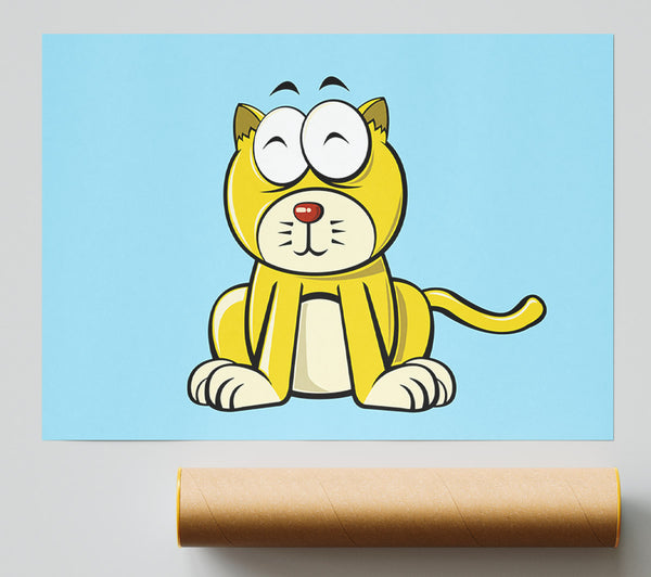 Happy Cat Sitting Baby Blue Print