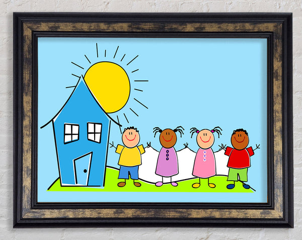 Happy Children In The Sun Baby Blue Framed Print