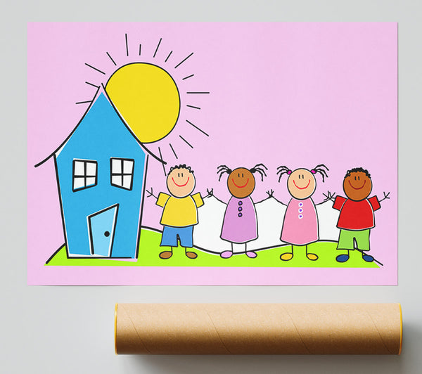 Happy Children In The Sun Pink Print