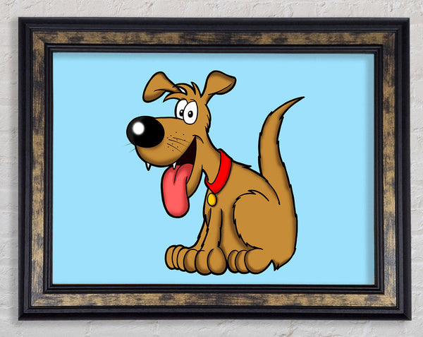 Happy Dog Cartoon With Tongue Out Baby Blue Framed Print
