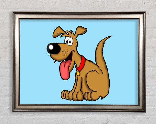 Happy Dog Cartoon With Tongue Out Baby Blue Framed Print