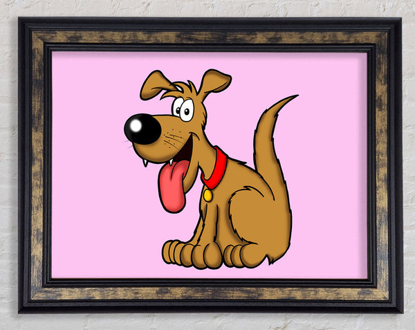 Happy Dog Cartoon With Tongue Out Pink Framed Print