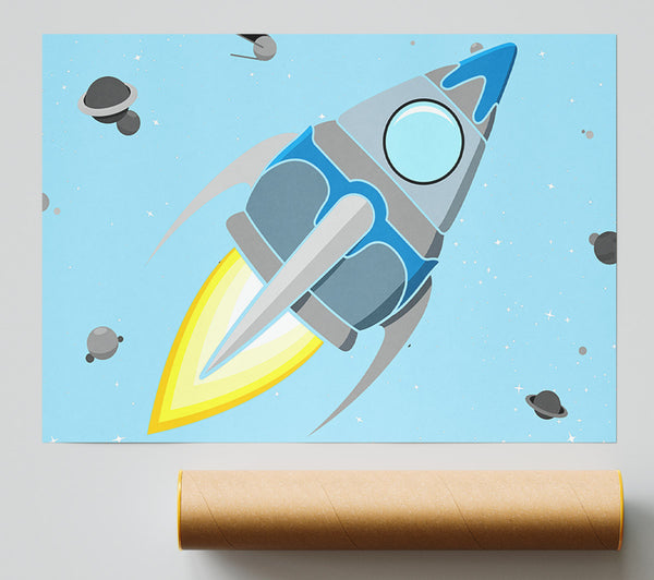 Rocket Ship Baby Blue Poster