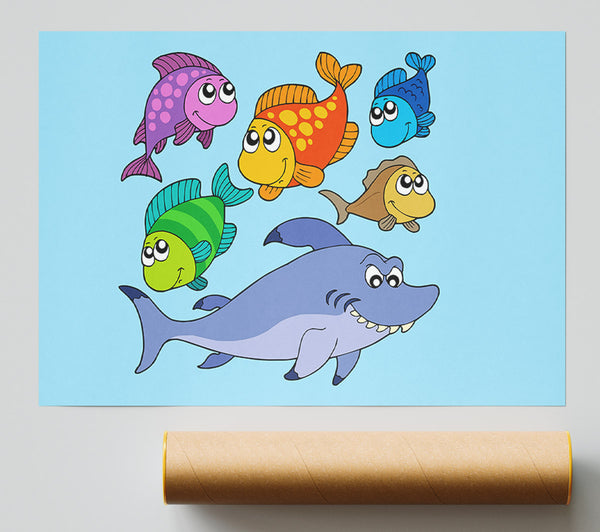 Shark And Fish Baby Blue Giclee Print