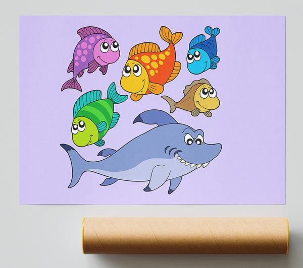 Shark And Fish Lilac Poster