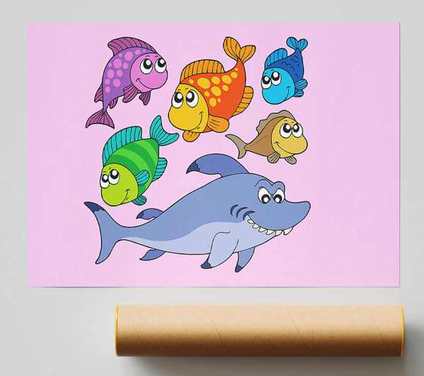 Shark And Fish Pink Print