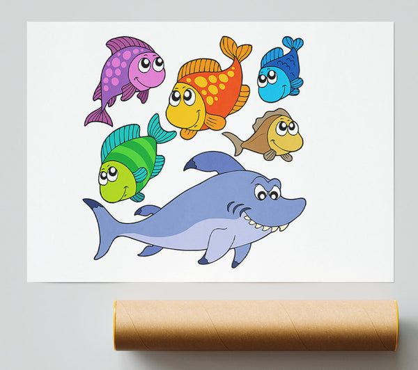 Shark And Fish White Print