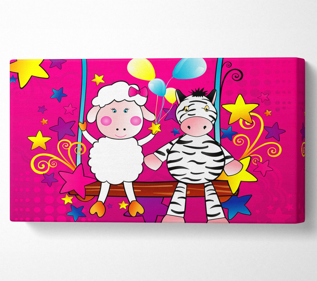  A Canvas Print of Sheep And Zebra On Swing Celebration White Canvas Print