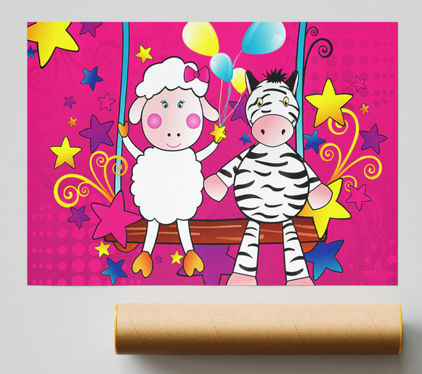 Sheep And Zebra On Swing Celebration White Print