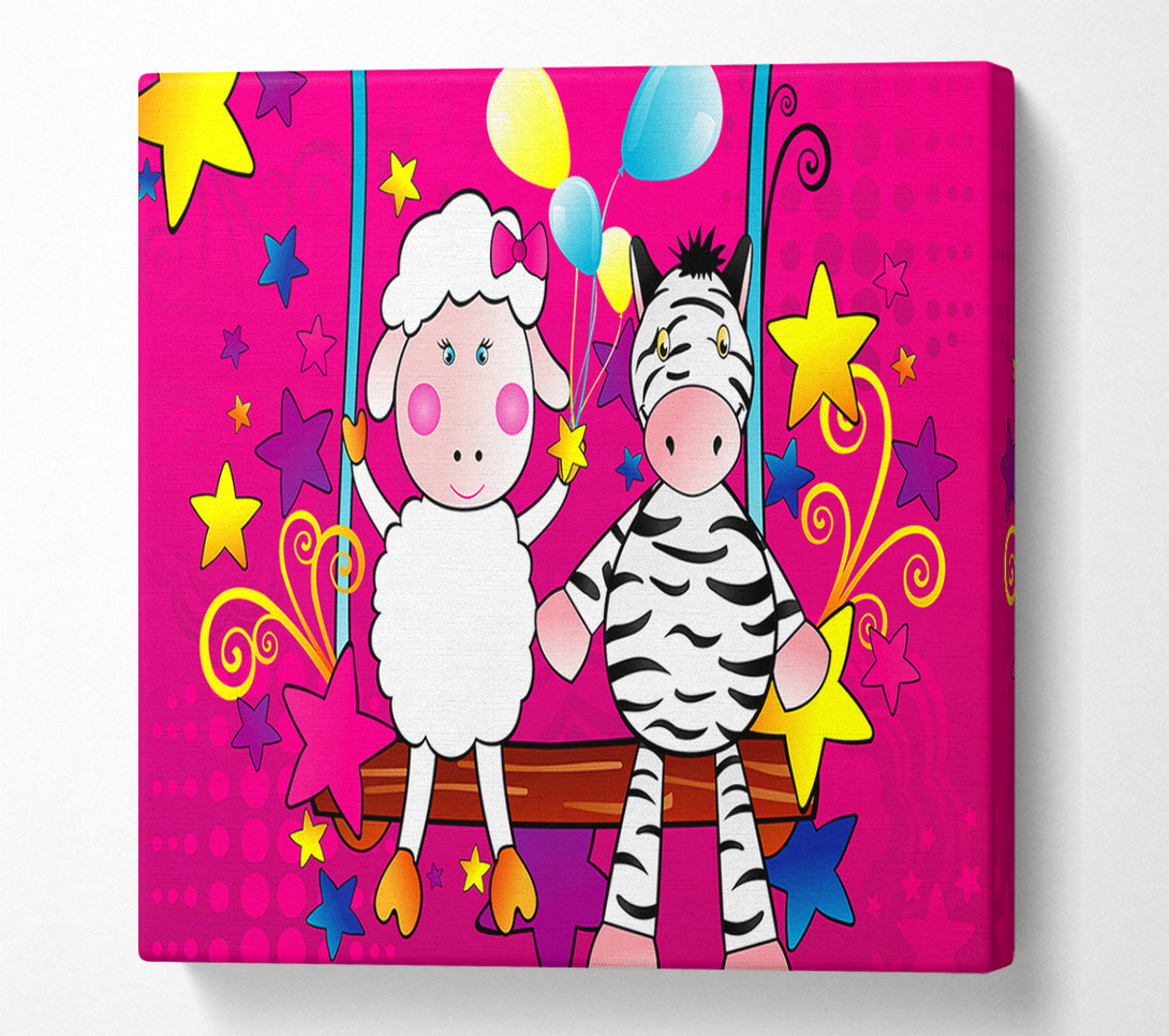  A Canvas Print of Sheep And Zebra On Swing Celebration White Canvas Print