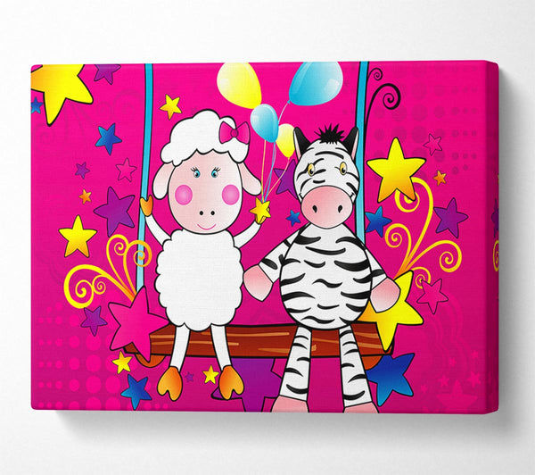  A Canvas Print of Sheep And Zebra On Swing Celebration White Canvas Print