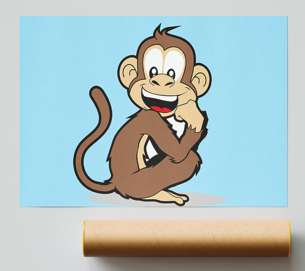 Sitting Monkey Smiling Baby Blue Giclee Print
