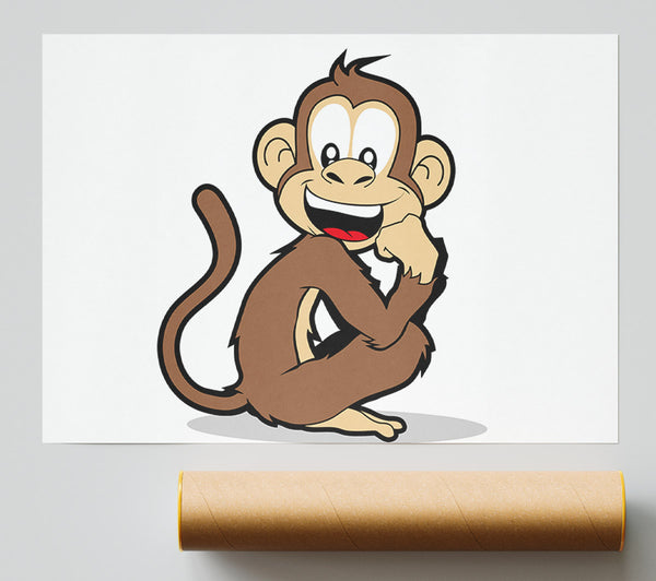 Sitting Monkey Smiling White Giclee Print