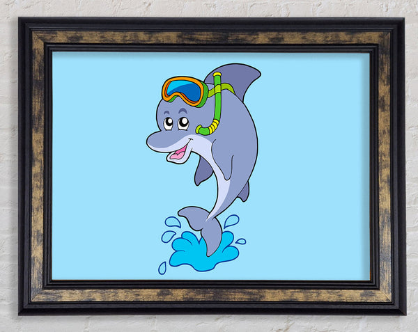 Snorkeling Dolphin Baby Blue Framed Print