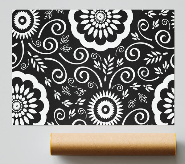 Flock Of Flowers White On Black Poster
