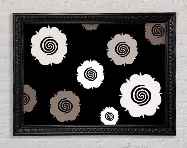 Flowers Beige On Black Framed Print