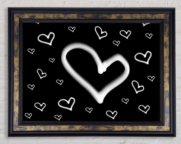 Love Hearts White On Black Framed Print