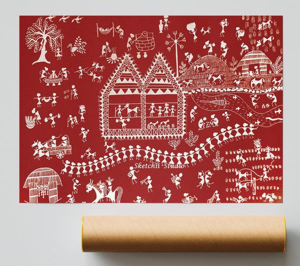Aboriginal Warli Tribal Village Celebrations Poster