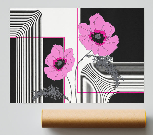 Pink Poppy Stripes Print