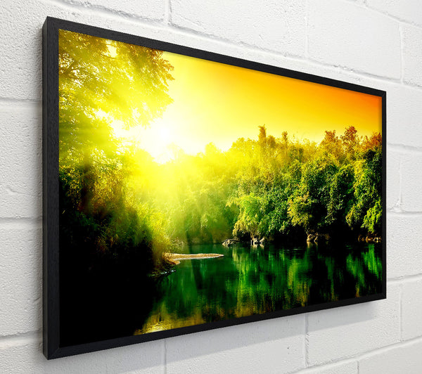 Lush Green Forest River At Sunrise