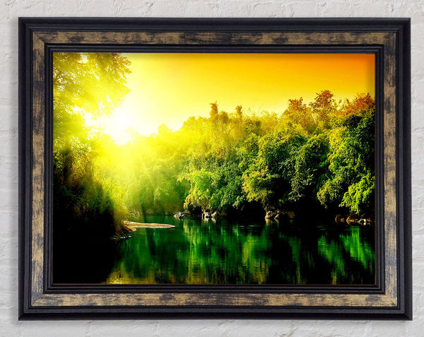 Lush Green Forest River At Sunrise Framed Print