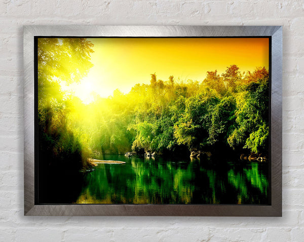 Lush Green Forest River At Sunrise Framed Print