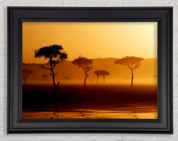 Misty Sunrise Lake Framed Print
