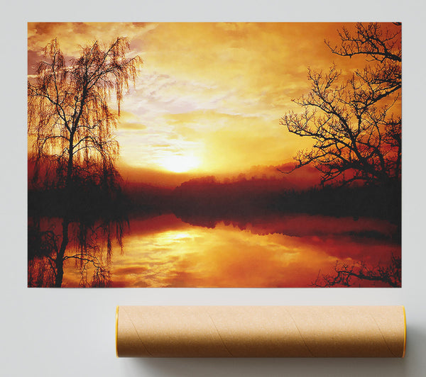 Golden Clouds Over The Lake Print