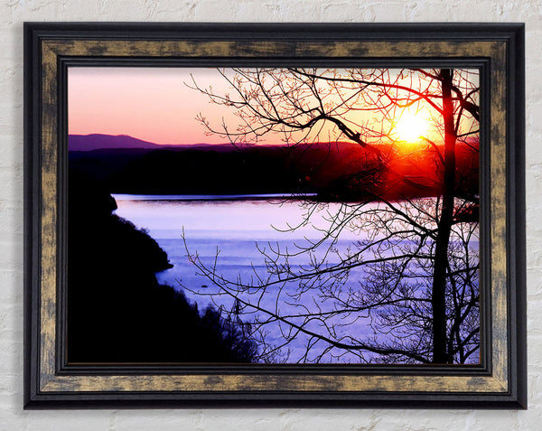 Blazing Red Sun Over The Winter Lake Framed Print