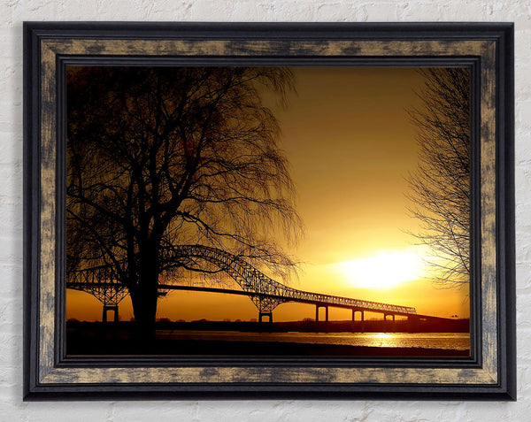 Bridge Over The Yellow Winter Lake Framed Print