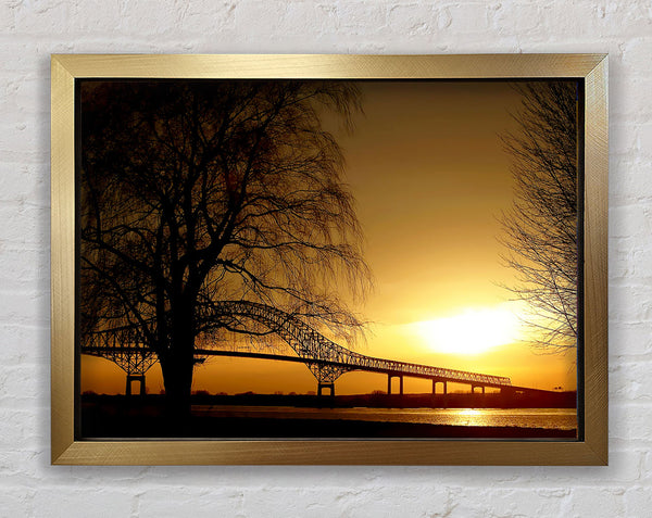 Bridge Over The Yellow Winter Lake Framed Print