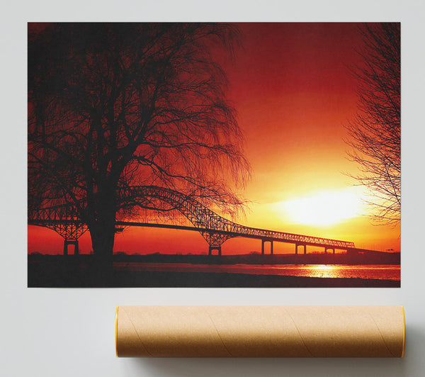 Bridge Over The Orange Winter Lake Giclee Print
