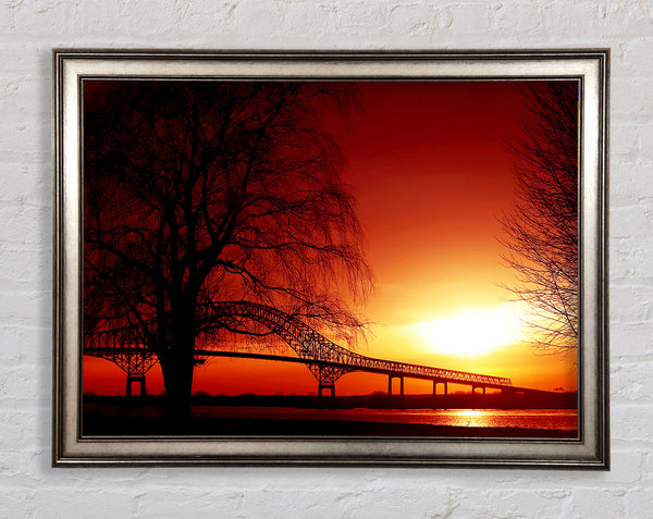 Bridge Over The Orange Winter Lake Framed Print