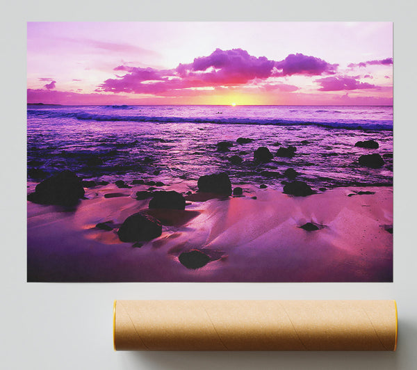 Purple Ocean Sunrise Rocks Poster
