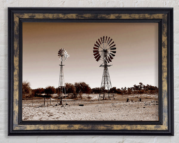 Australian Windmills Sepia Framed Print