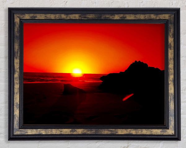 Red Rocky Ocean Sun Blaze Framed Print