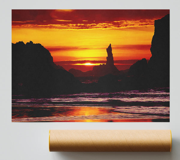 Tranquil Orange Ocean Rocks Poster